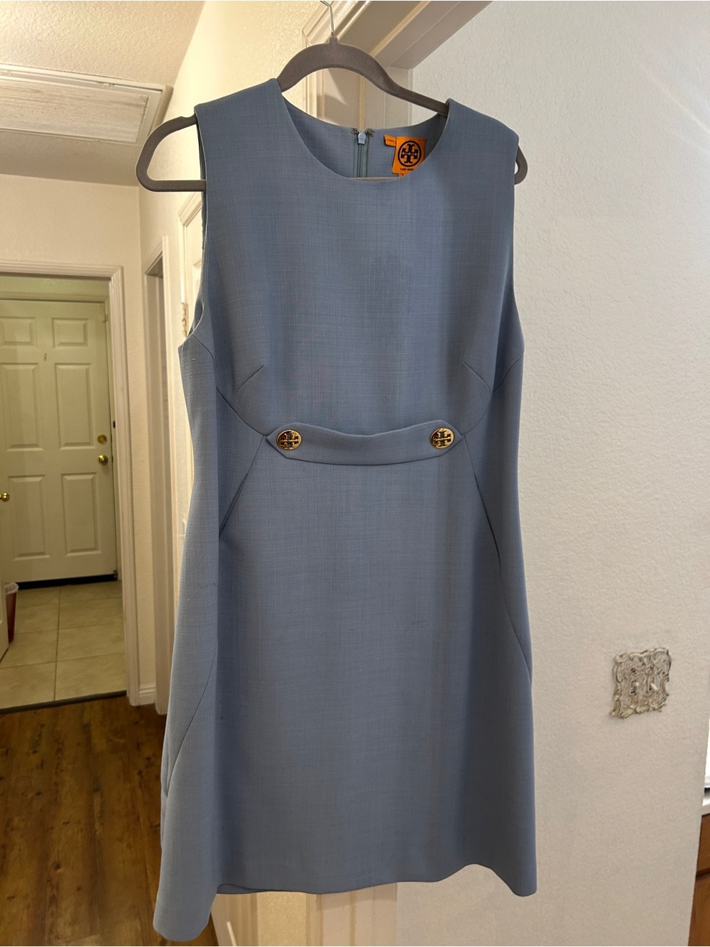 Tory Burch Powder Blue Sleeveless Mini Shift Dress with Gold Buttons